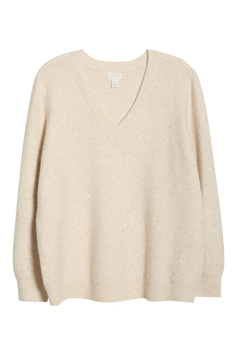 Sequin V-Neck Sweater, Alternate, color, BEIGE OATMEAL LIGHT HEATHER