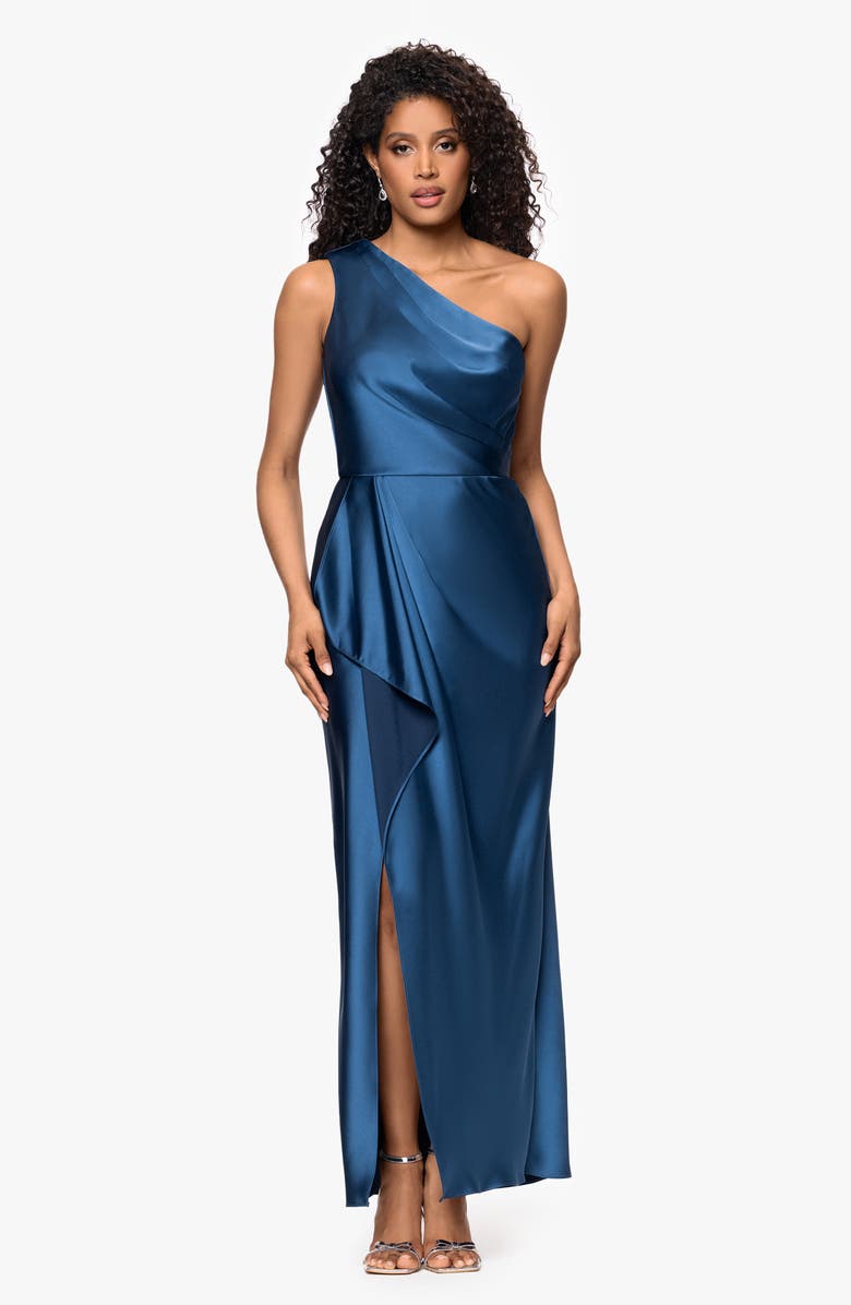 Xscape Evenings One Shoulder Satin Evening Gown, Alternate, color, Ocean