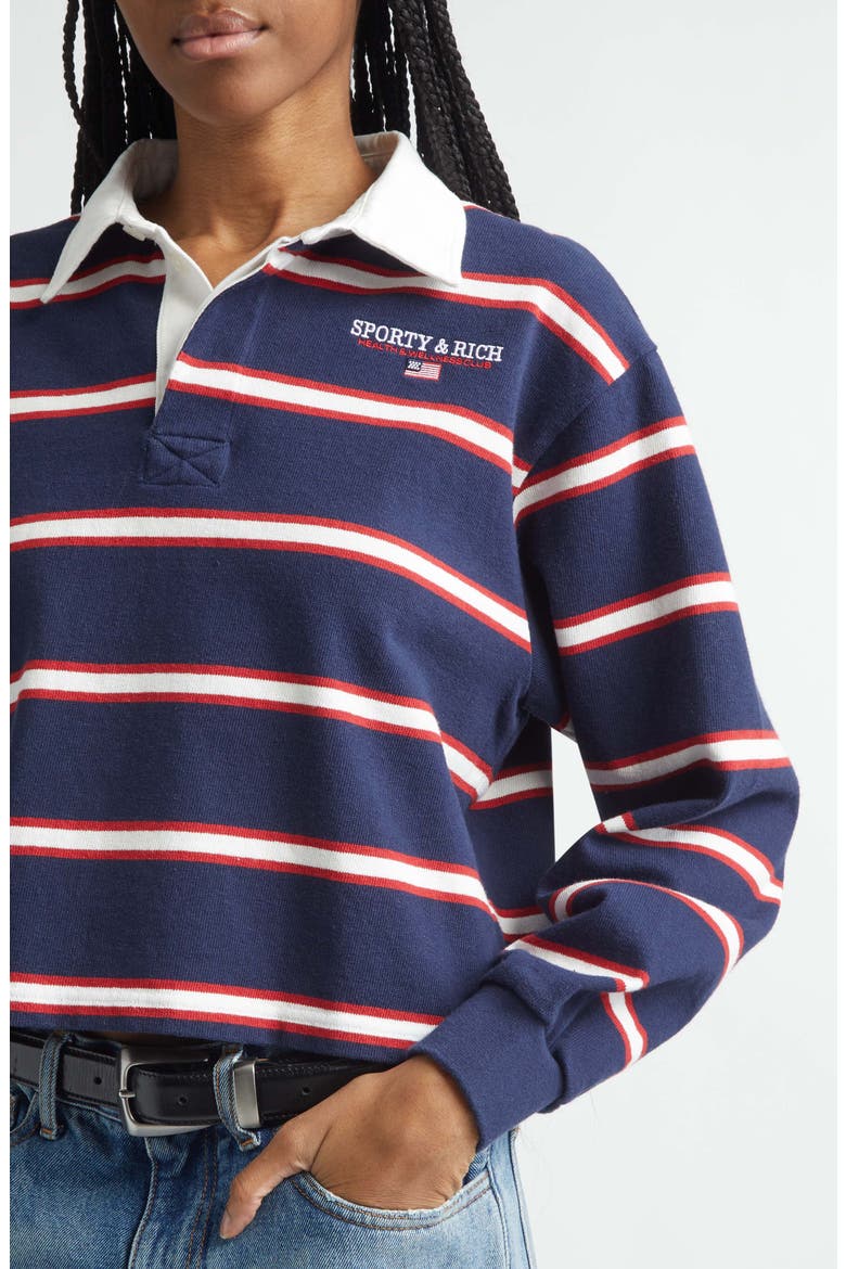 Nautical Embroidered Stripe Crop Rugby Polo, Alternate, color, DARK NAVY/ WHITE/ RUBY