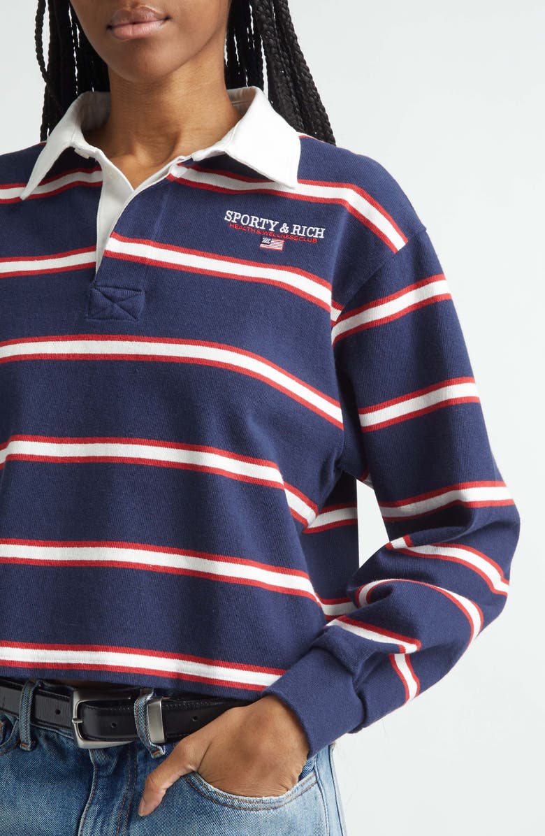 Sporty & Rich Nautical Embroidered Stripe Crop Rugby Polo, Alternate, color, Dark Navy/ White/ Ruby