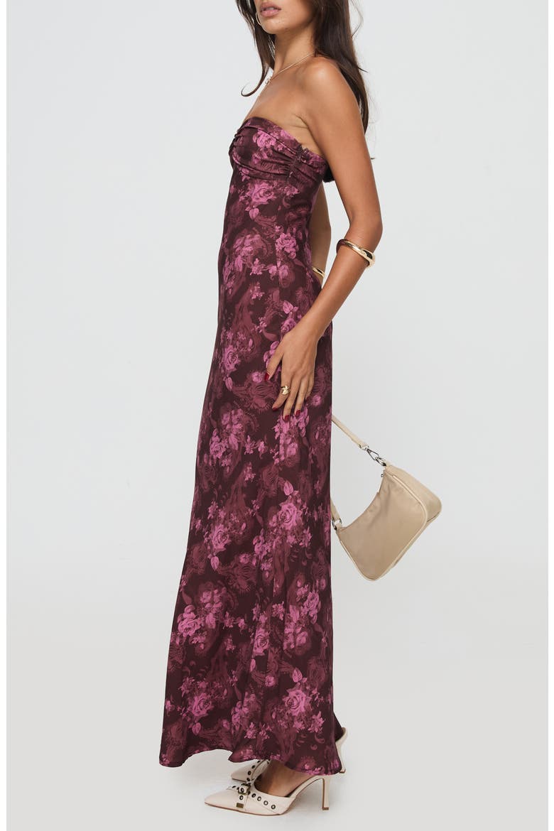 Abeila Floral Strapless Maxi Dress, Alternate, color, BURGUNDY