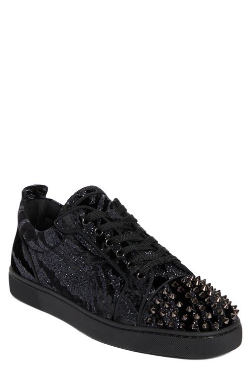 Christian Louboutin Louis Junior Spikes Studded Glittered Velour Sneakers In Black