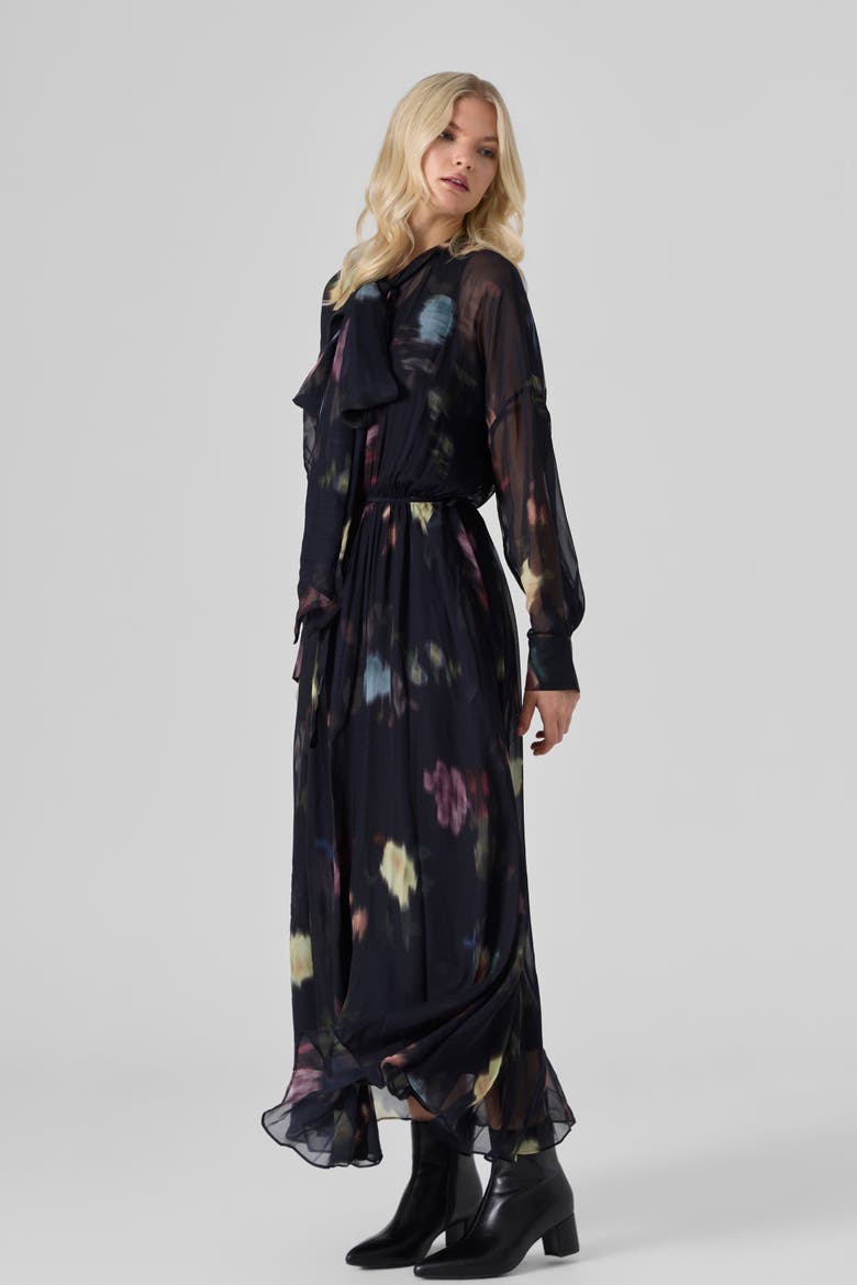 Silk Chiffon Neck-Tie Maxi Dress, Alternate, color, Black/Colors