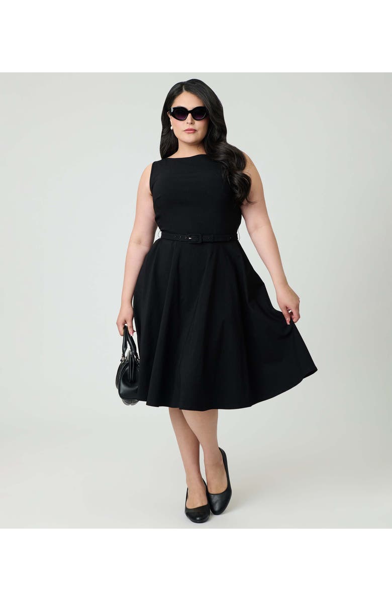 Unique Vintage Plus Size Long Sleeve Belted Devon Swing Dress, Alternate, color, Black Solid