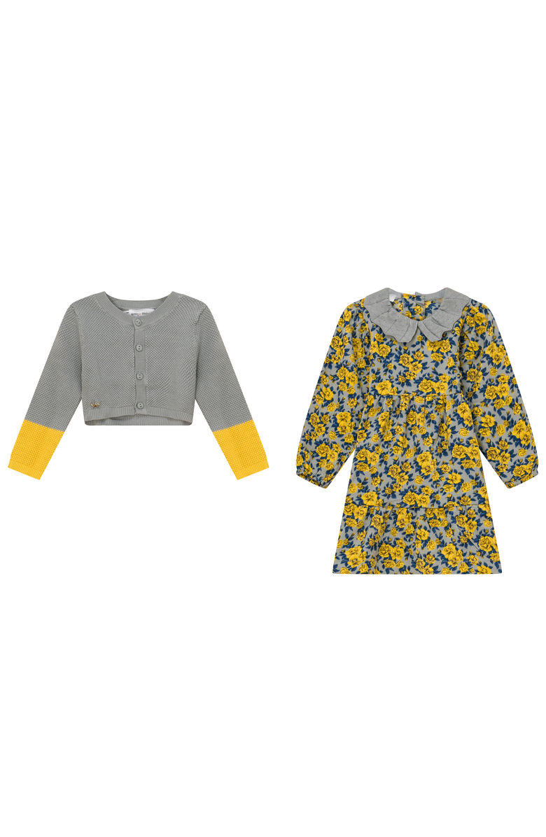 Charlotte & George Floral A-Line Dress and Cardigan Set, Main, color, Dijon Floral/Blue Grey
