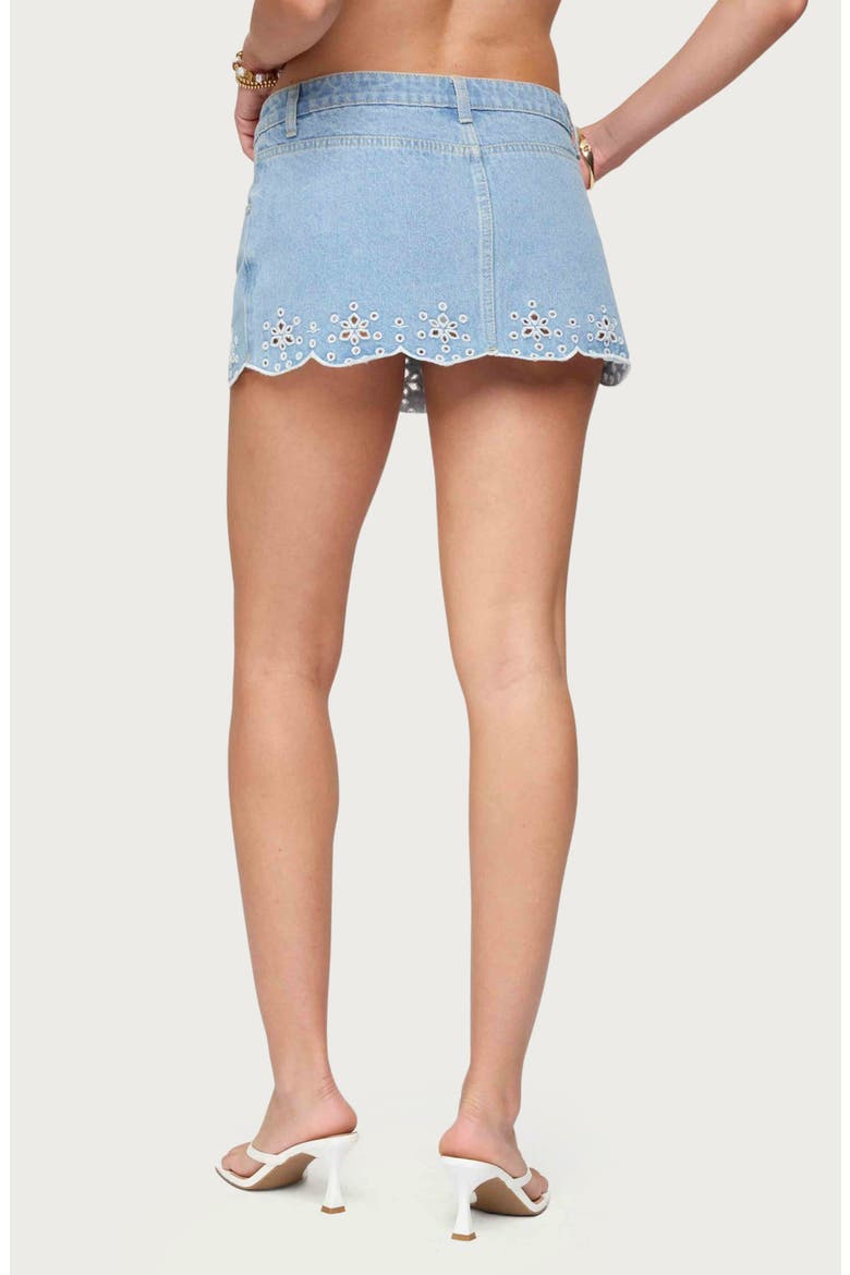 Eyelet Embroidered Scallop Hem Denim Miniskort, Alternate, color, LIGHT-BLUE