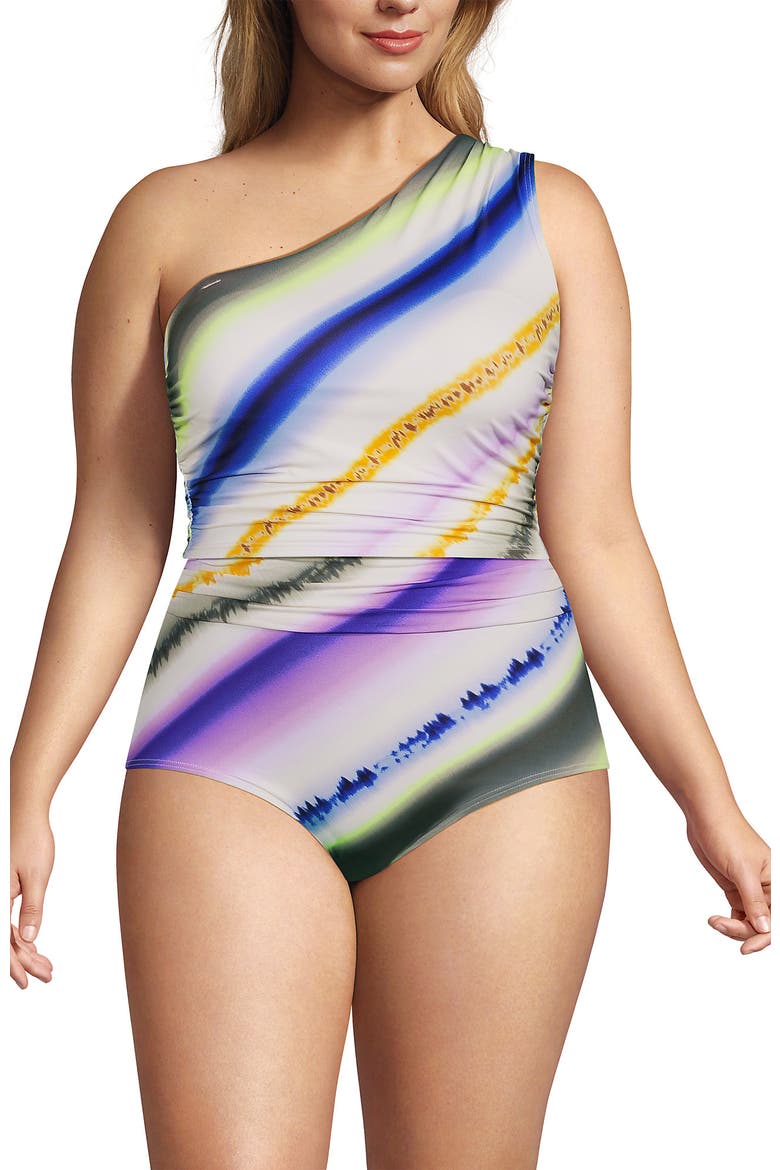 Plus Size Ruched One Shoulder Midkini Top, Main, color, Egret White Ombre Stripes