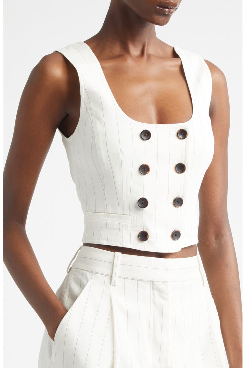 Darcy Pinstripe Linen Blend Crop Vest, Alternate, color, PEARL/ BROWN
