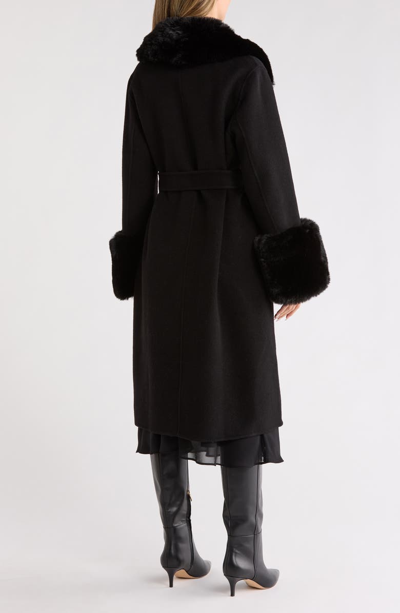 La Fiorentina Longline Wool Coat with Faux Fur Trim, Alternate, color, Black