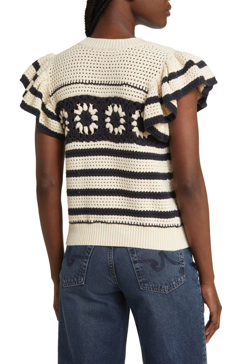 Penelope Short Sleeve Open Stitch Sweater, Alternate, color, OAT NAVY CROCHET STRIPE