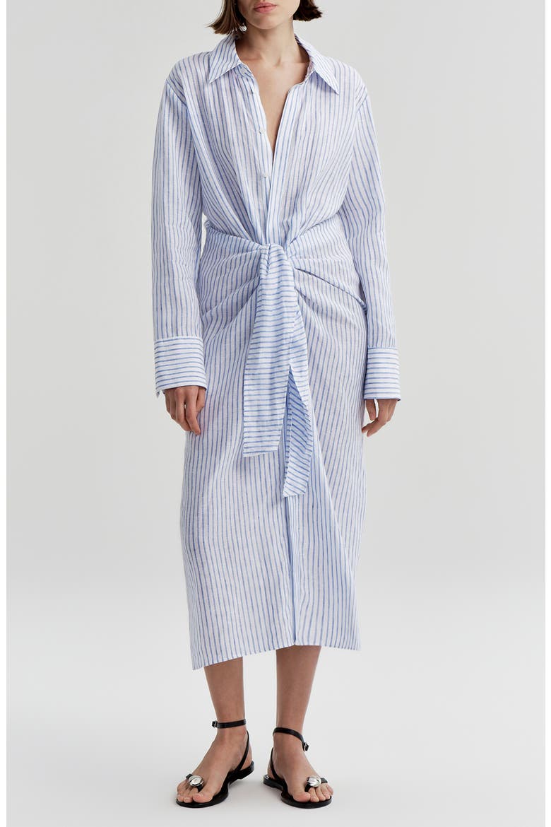 Mila Striped Linen Midi Shirtdress, Main, color, WHITE/ CLASSIC BLUE