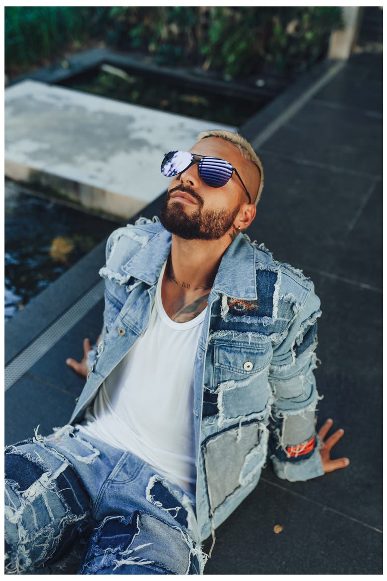Australia x Maluma The Playa 56mm Aviator Sunglasses, Alternate, color, MATTE BLACK / COBALT MIRROR