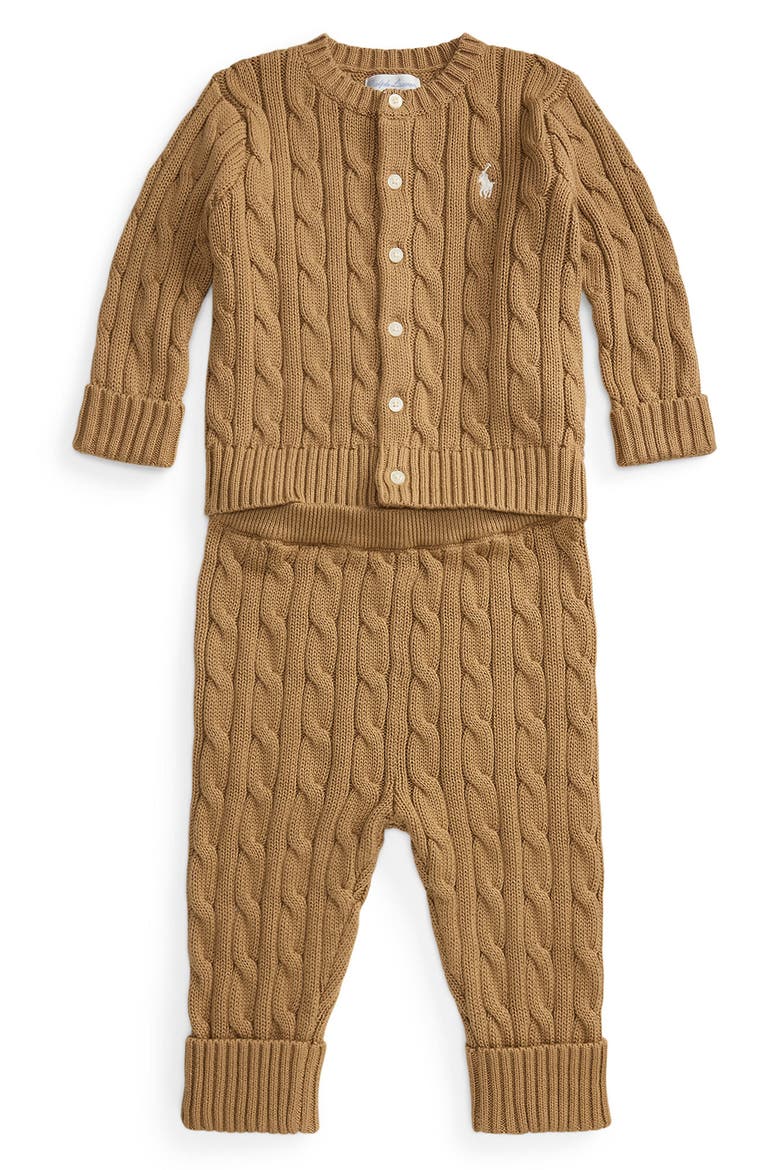 Cable Knit Cotton Cardigan & Pants Set, Main, color, BEIGE