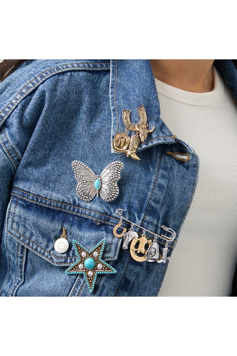Mixed Metal Rodeo Charm Safety Pin Brooch, Alternate, color, Silver, Gold