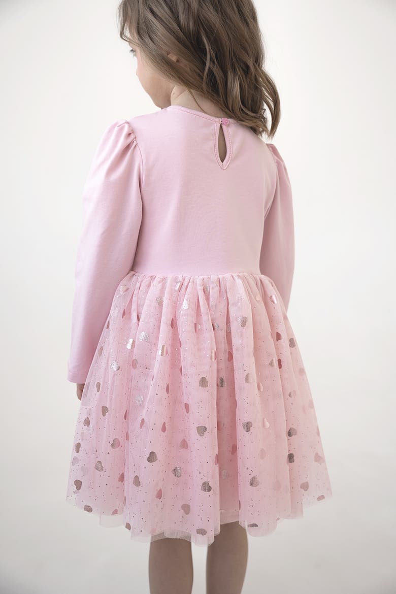 Gleam Long Sleeve Foil Heart Tulle Dress, Alternate, color, Pink Blush