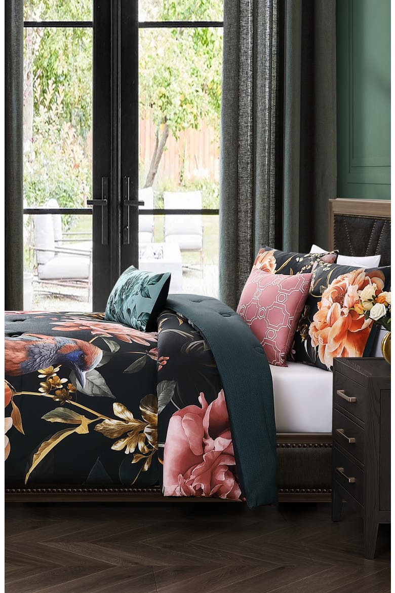 Botanical Birds Reversible Cotton Sateen Comforter Set, Alternate, color, BLACK