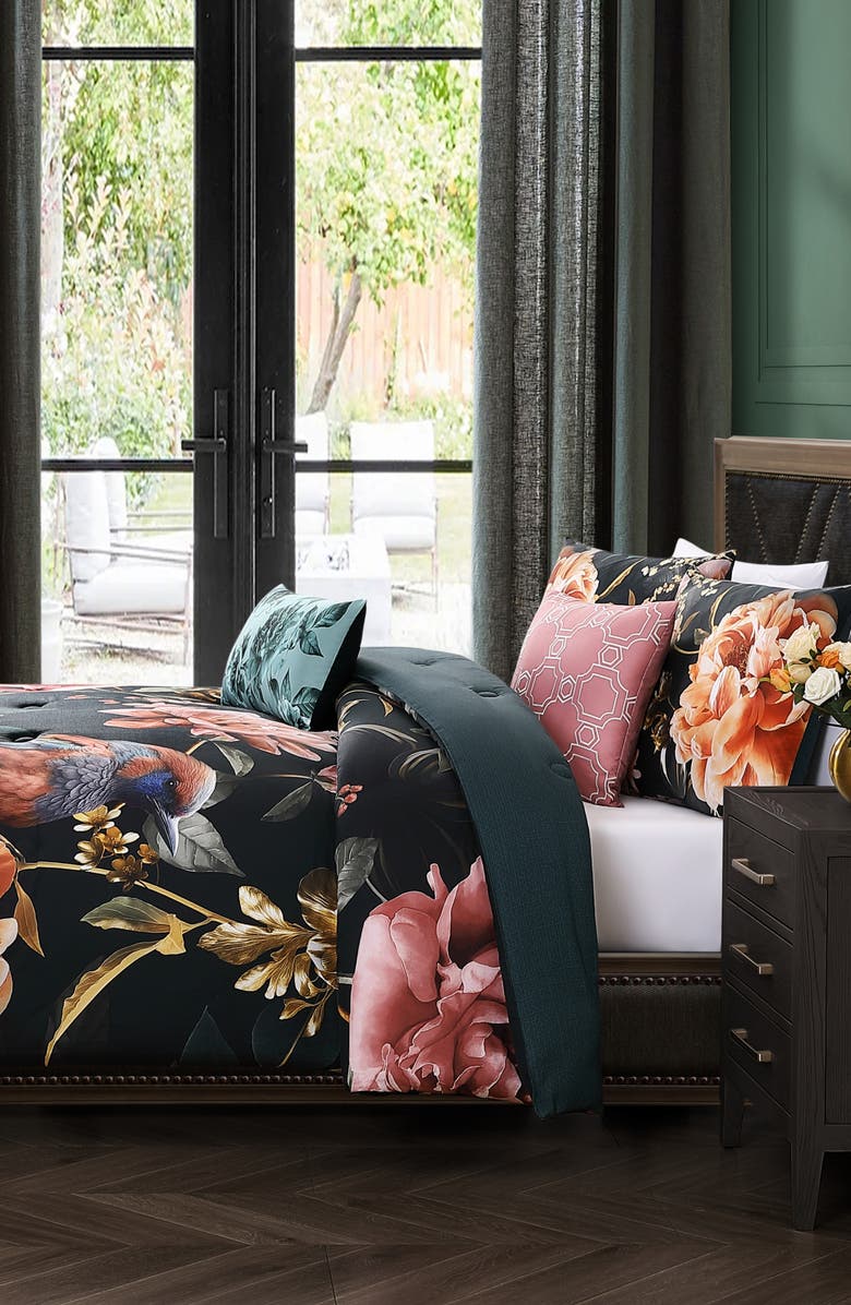 Bebejan Botanical Birds Reversible Cotton Sateen Comforter Set, Alternate, color, Black