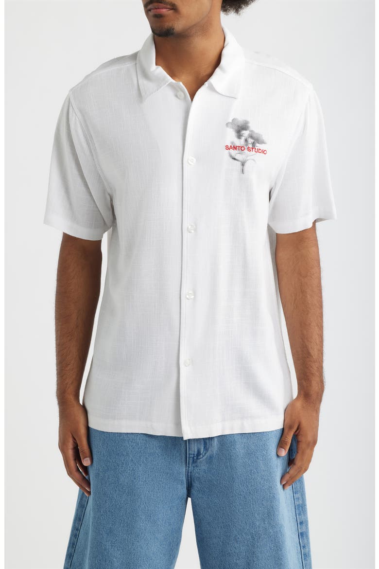 Flower Shadow Short Sleeve Slub Cotton Button-Up Shirt, Main, color, WHITE BLACK RED