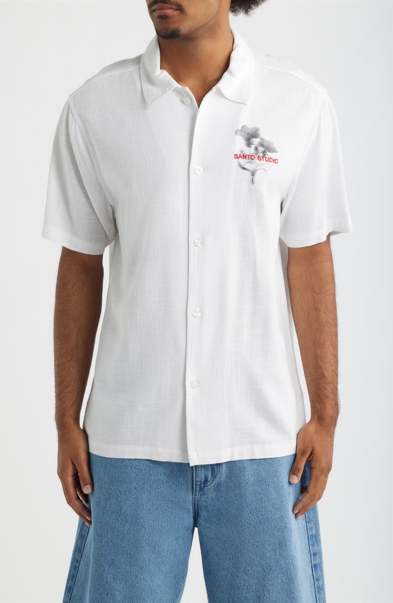 SANTO STUDIO Flower Shadow Short Sleeve Slub Cotton Button-Up Shirt, Main, color, White Black Red