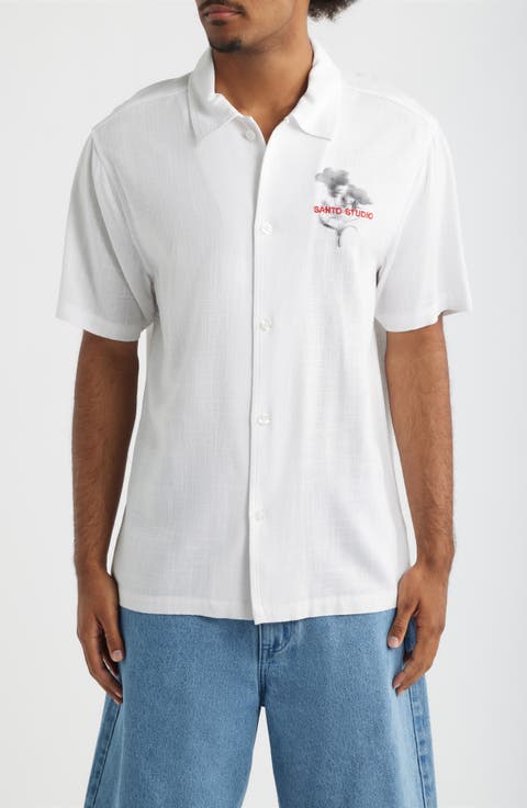 Flower Shadow Short Sleeve Slub Cotton Button-Up Shirt