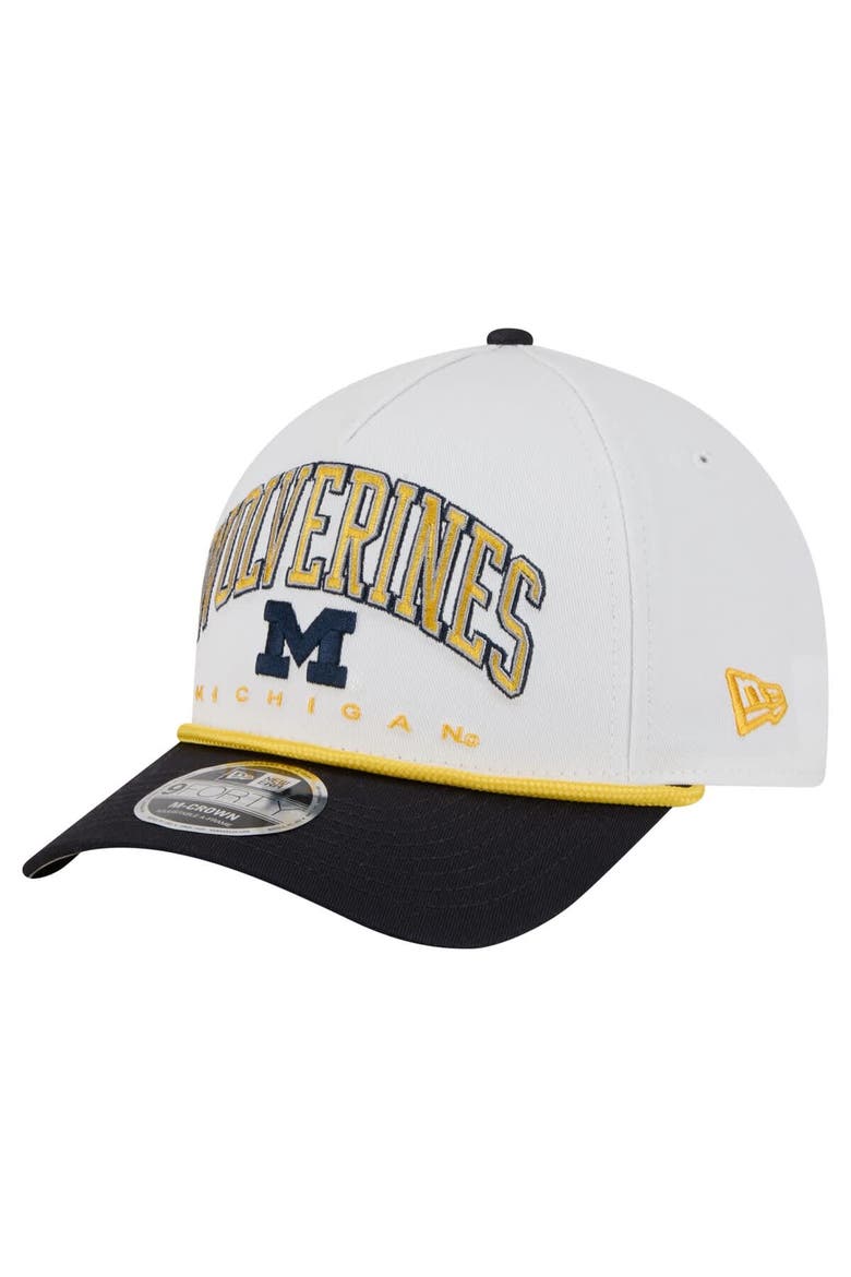 Men's New Era White/Navy Michigan Wolverines Arch Two-Tone Rope 9FORTY A-Frame M-Crown Adjustable Hat, Main, color, White
