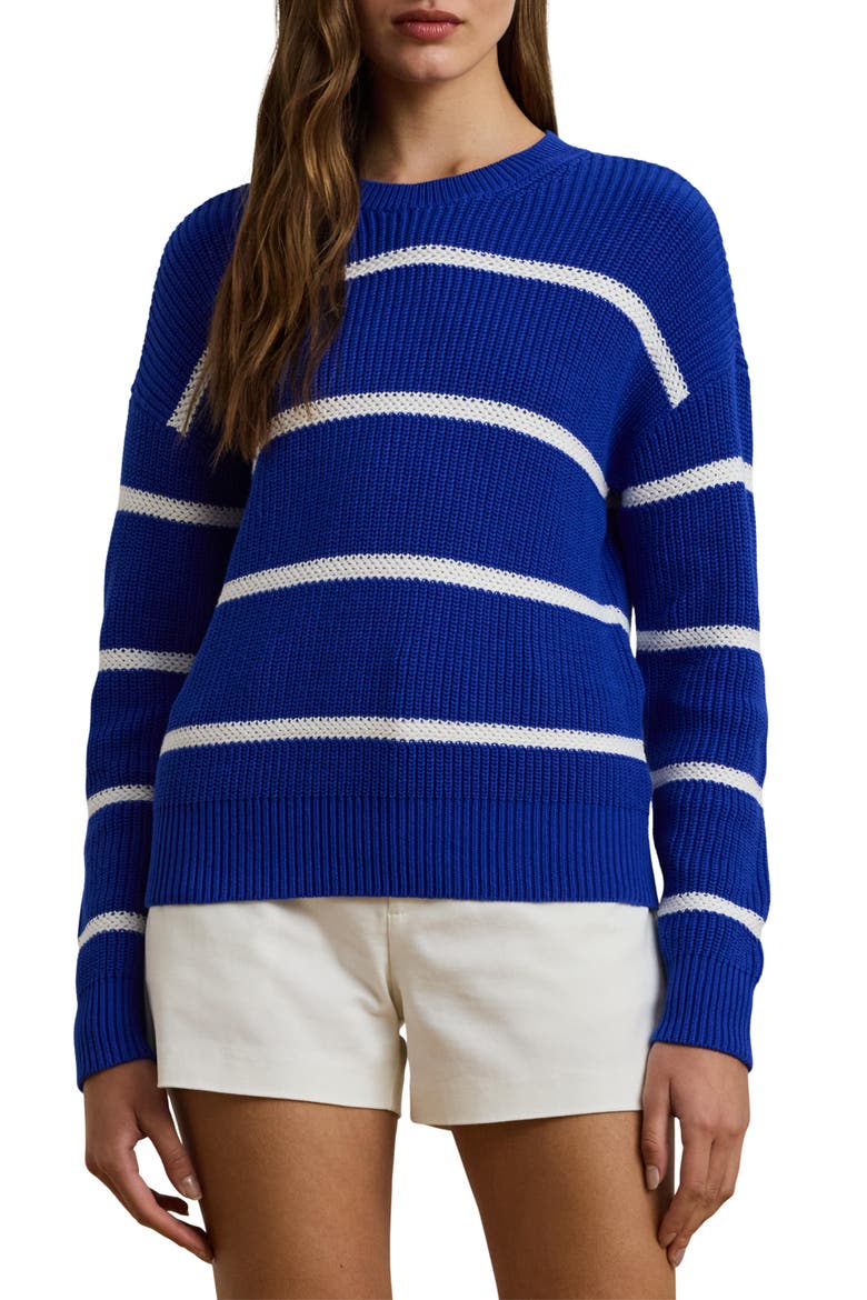 Stripe Linen Crewneck Sweater, Main, color, NEW SAPPHIRE/ WHITE