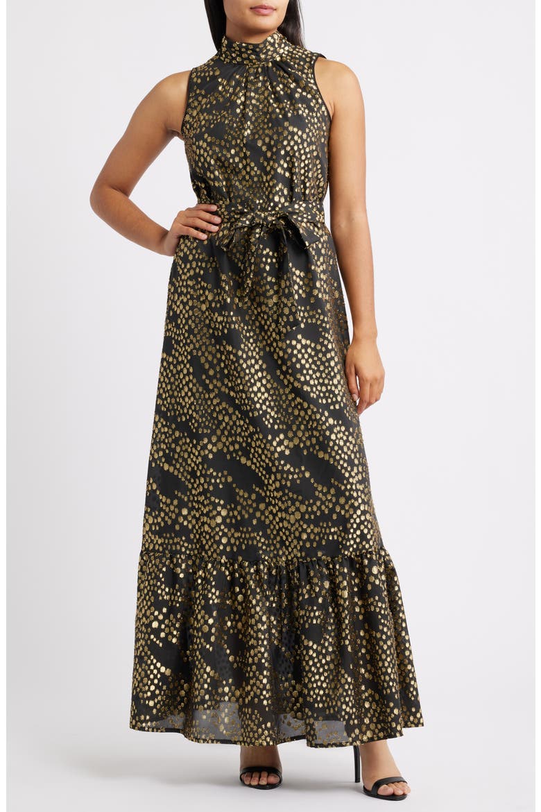 Metallic Dot Chiffon Gown, Main, color, BLACK GOLD