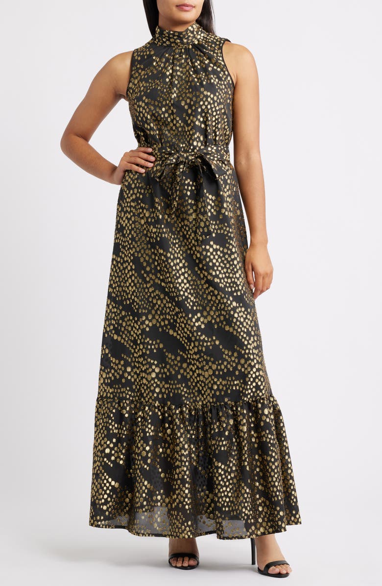 Julia Jordan Metallic Dot Chiffon Gown, Main, color, Black Gold