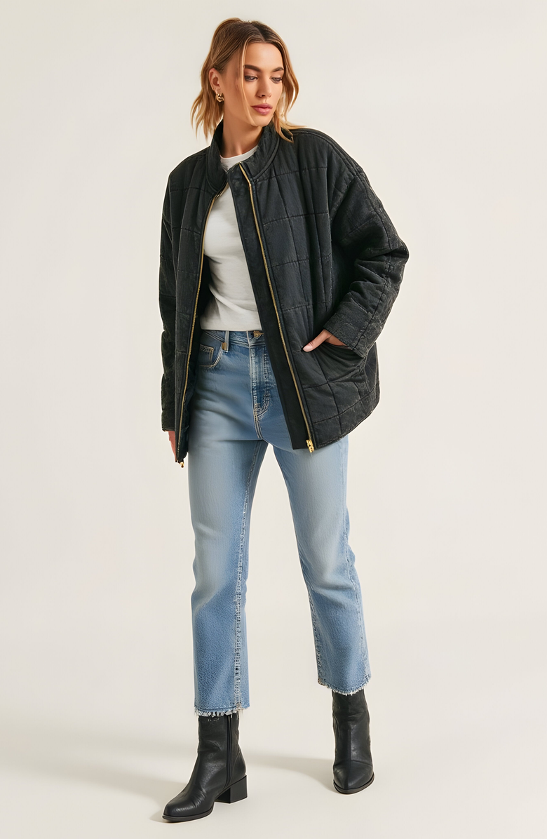 Modenaire Quilted Zip-Up Jacket with Stand Collar and Square Stitch, Alternate, color, Black