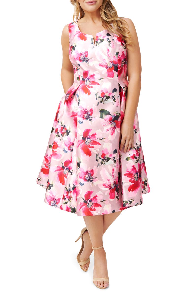 Adrianna Papell Mikado Floral Satin Fit & Flare Midi Dress, Main, color, 