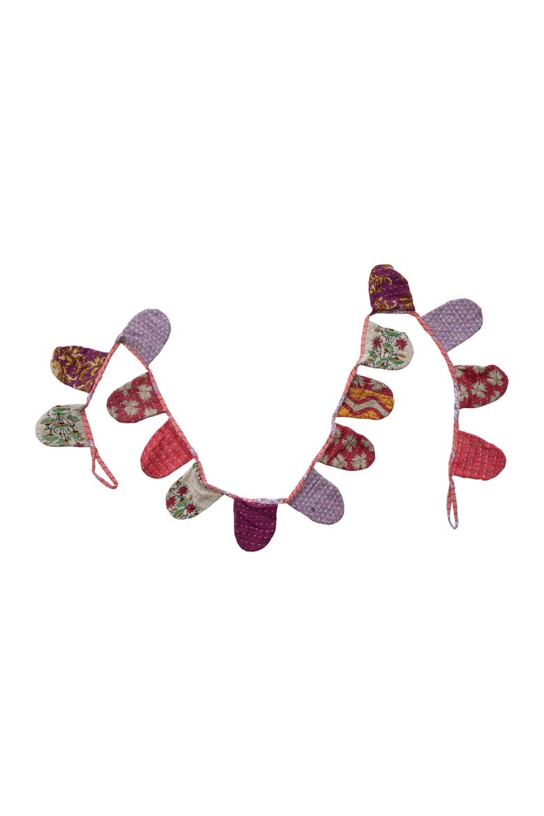 Vintage Cotton Kantha Quilt Pennant Garland, Multicolor, Main, color, Purple