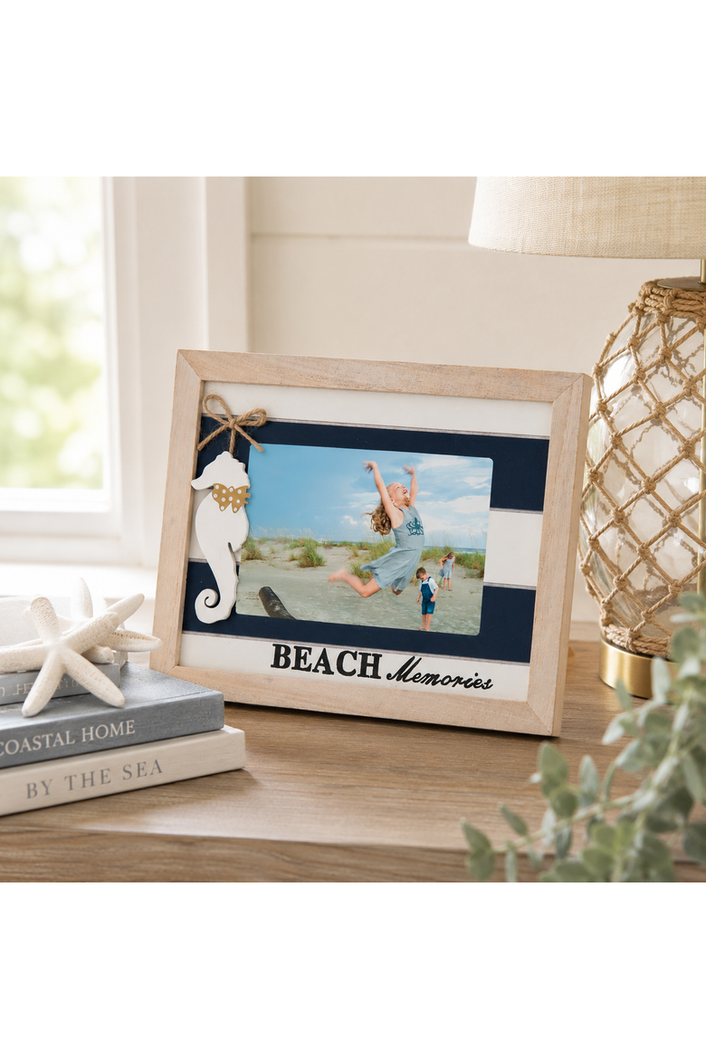 4x6 Seahorse "Beach Memories" Wood Photo Picture Frame, Alternate, color, Beige
