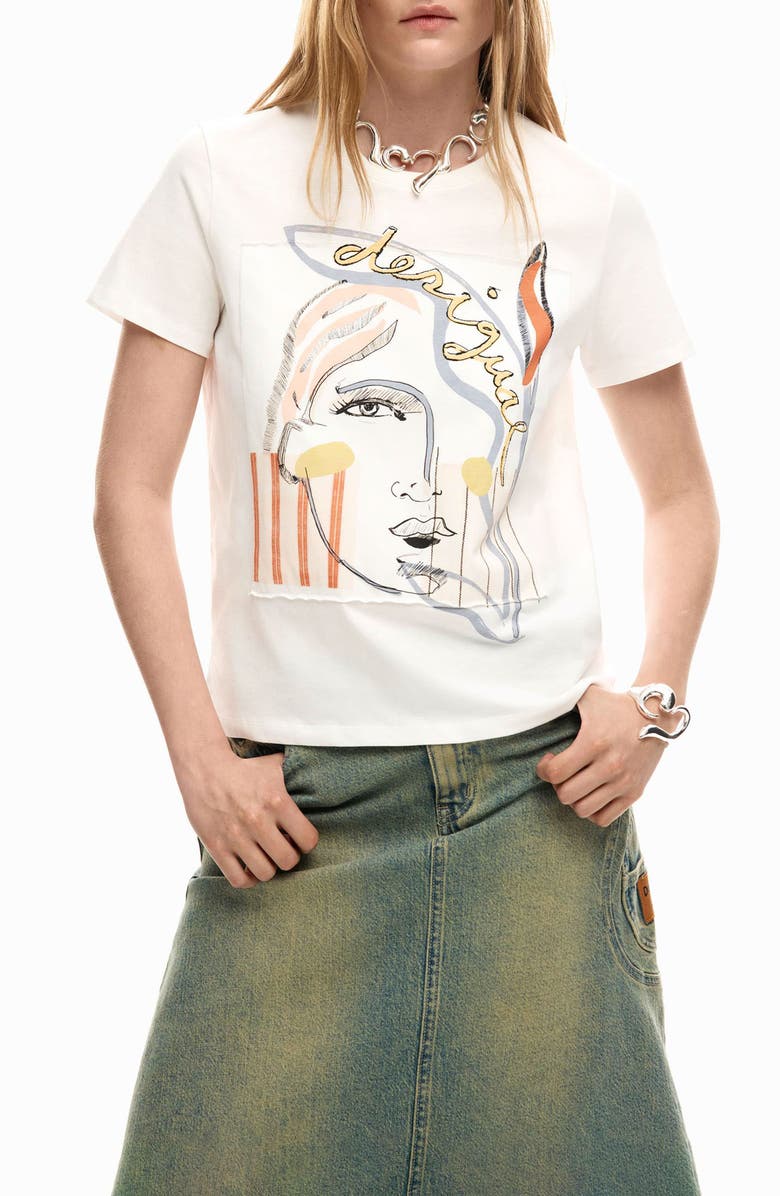 Desigual Abstract Cotton Graphic T-Shirt, Main, color, White