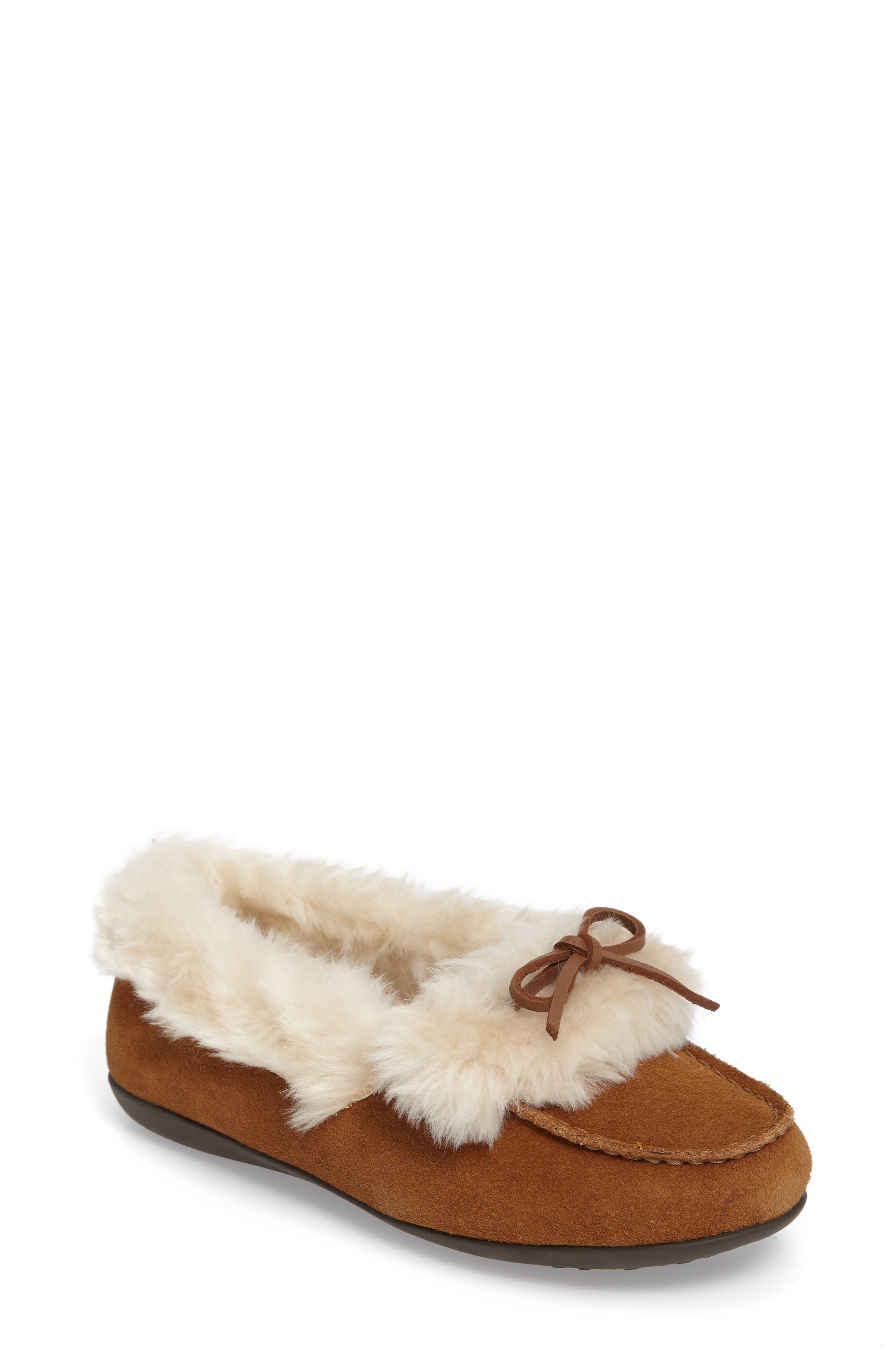Vionic Juniper Faux Fur Slipper, Main, color, CHESTNUT SUEDE