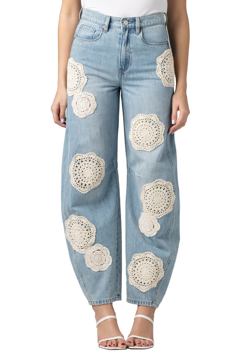 The Long Crochet Patch Barrel Leg Jeans, Main, color, SURF CAMP