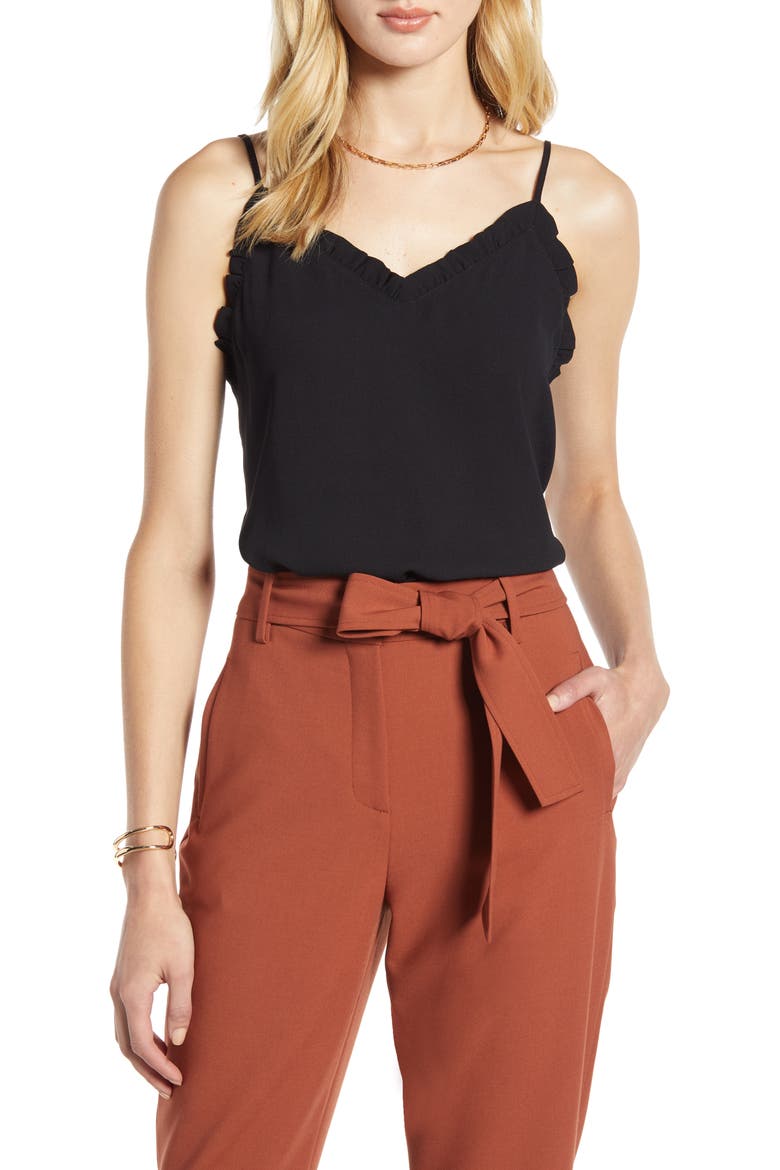Ruffle Trim Camisole, Main, color, BLACK