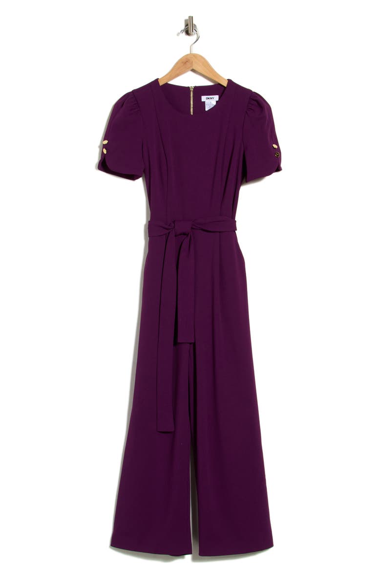 Short Sleeve Tie Waist Jumpsuit, Main, color, PLUM
