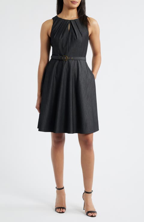 Tahari ASL Pleat Belted Fit & Flare Dress (Petite)