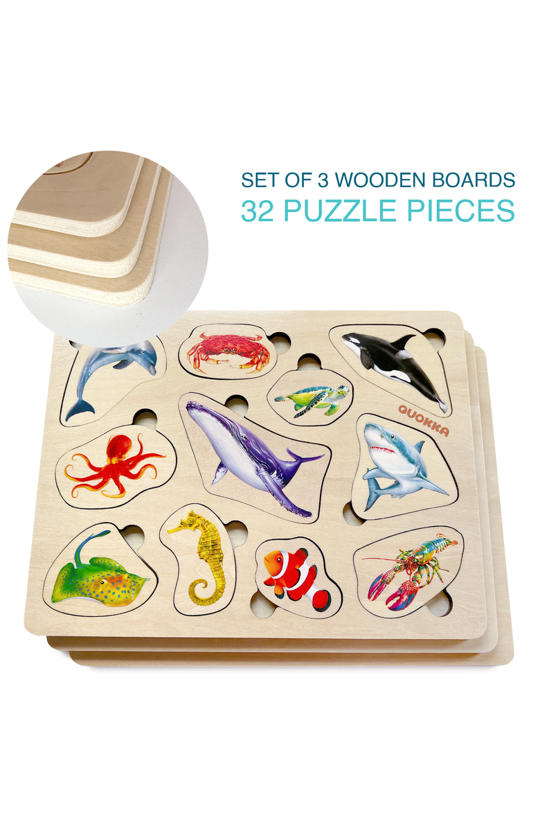 Quokka 3xSET Montessori Wooden Puzzles for Toddlers 1-3 - Educational Toy for Fine Motor Skills, Alternate, color, Realistic Animals