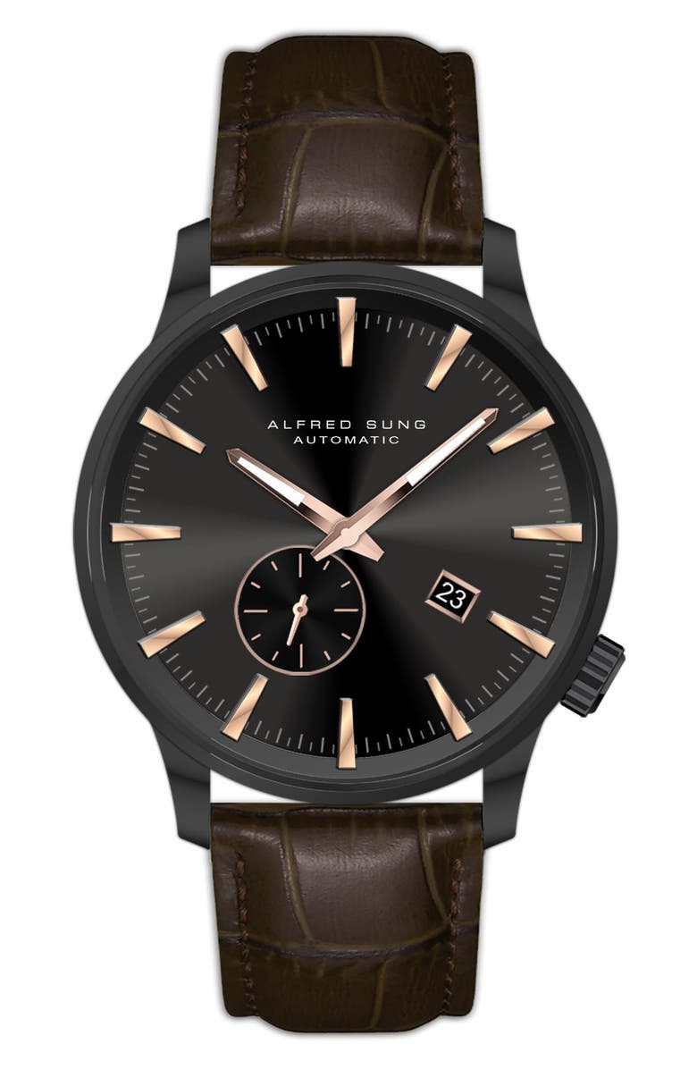 Alfred Sung Automatic II Leather Strap Watch, 43mm, Main, color, Brown Strap Black Dial