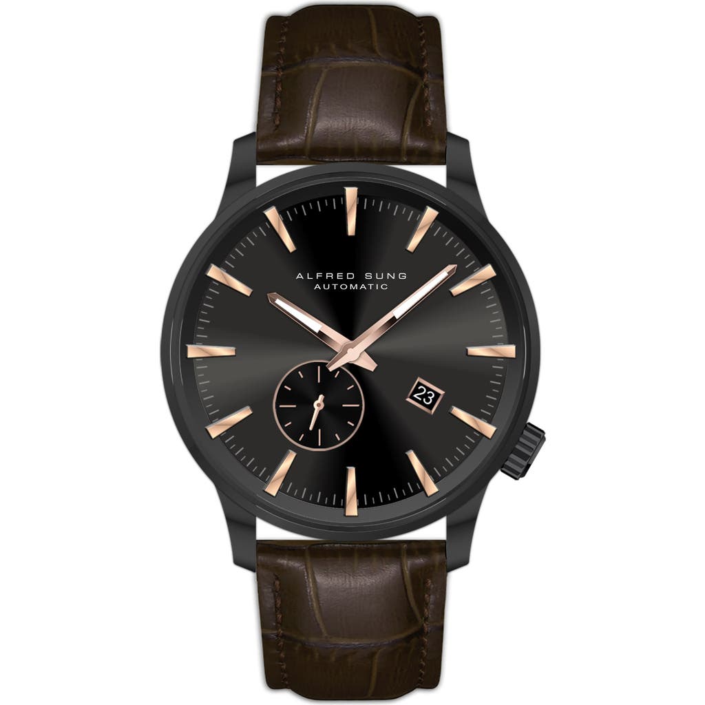 Alfred Sung Automatic Ii Leather Strap Watch, 43mm In Brown Strap Black Dial