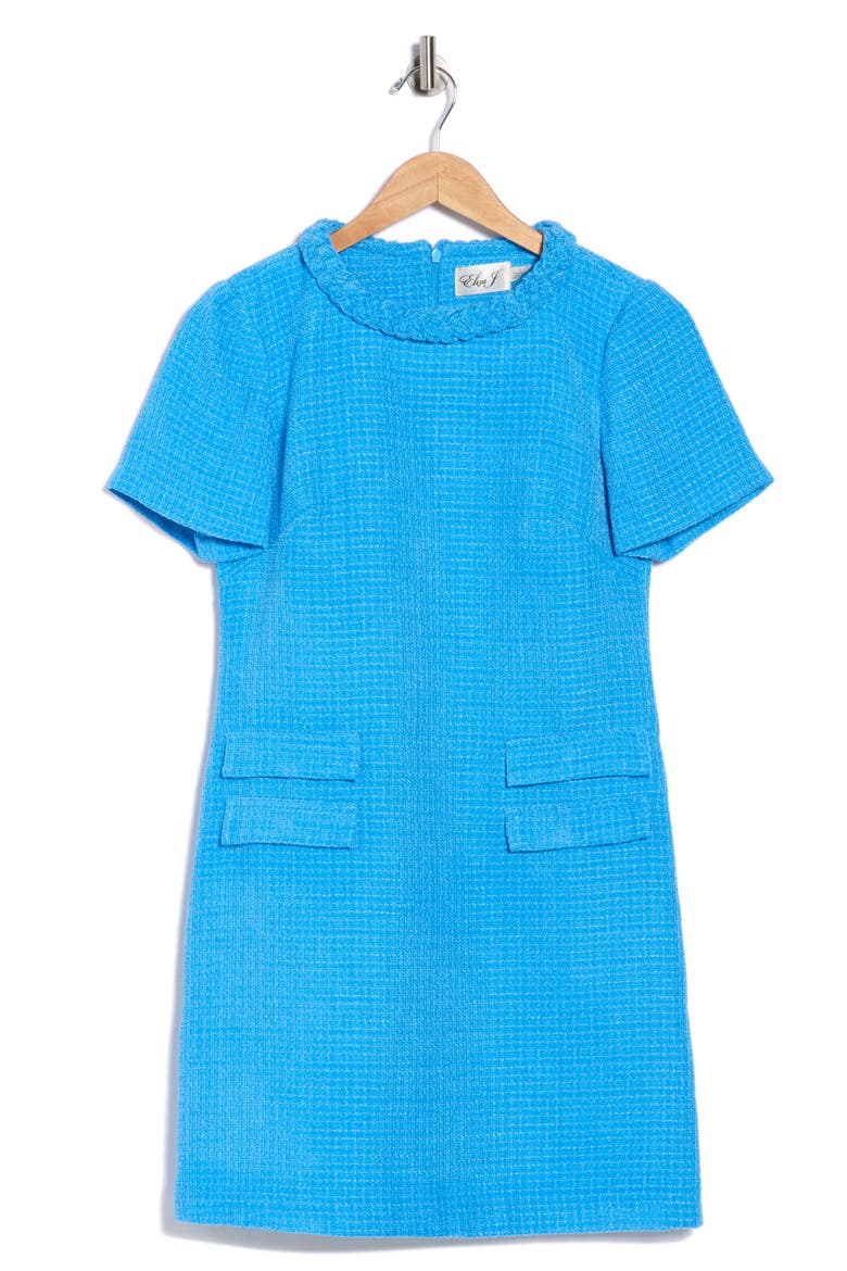 Braided Neck Short Sleeve Shift Dress, Alternate, color, CRUISE BLUE