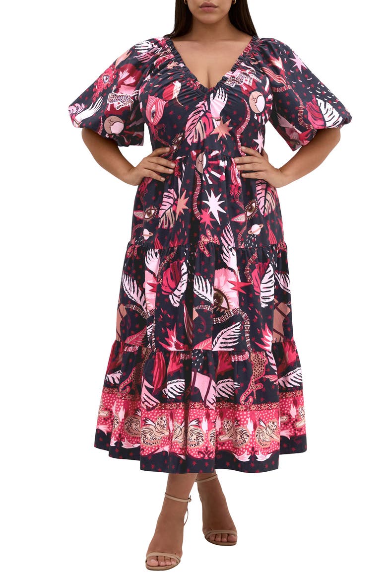 Simona Mixed Print Midi Dress, Main, color, CALISTA DARK