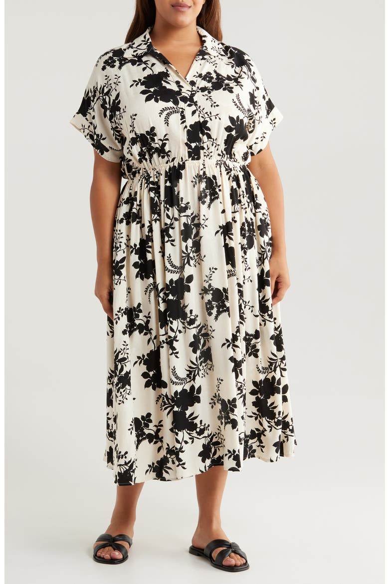 Floral Jacquard Collared Dress, Main, color, WHITE/ BLACK
