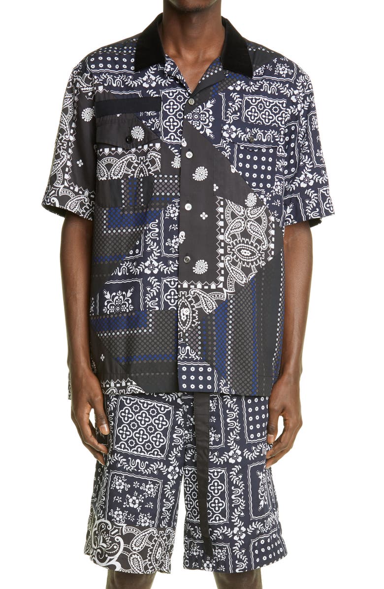 Sacai Hank Willis Thomas Archive Patchwork Short Sleeve Button-Up Shirt, Main, color, 