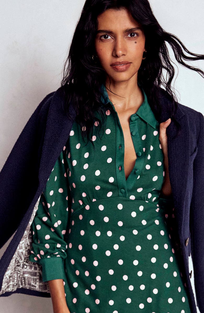 Boden Polka Dot Empire Waist Long Sleeve Dress, Alternate, color, Emerald Night Painted Dot