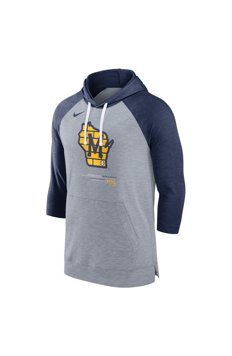 Nike Men's Nike Heather Gray/Heather Navy Milwaukee Brewers Baseball Raglan 3/4-Sleeve Pullover Hoodie, Alternate, color, 