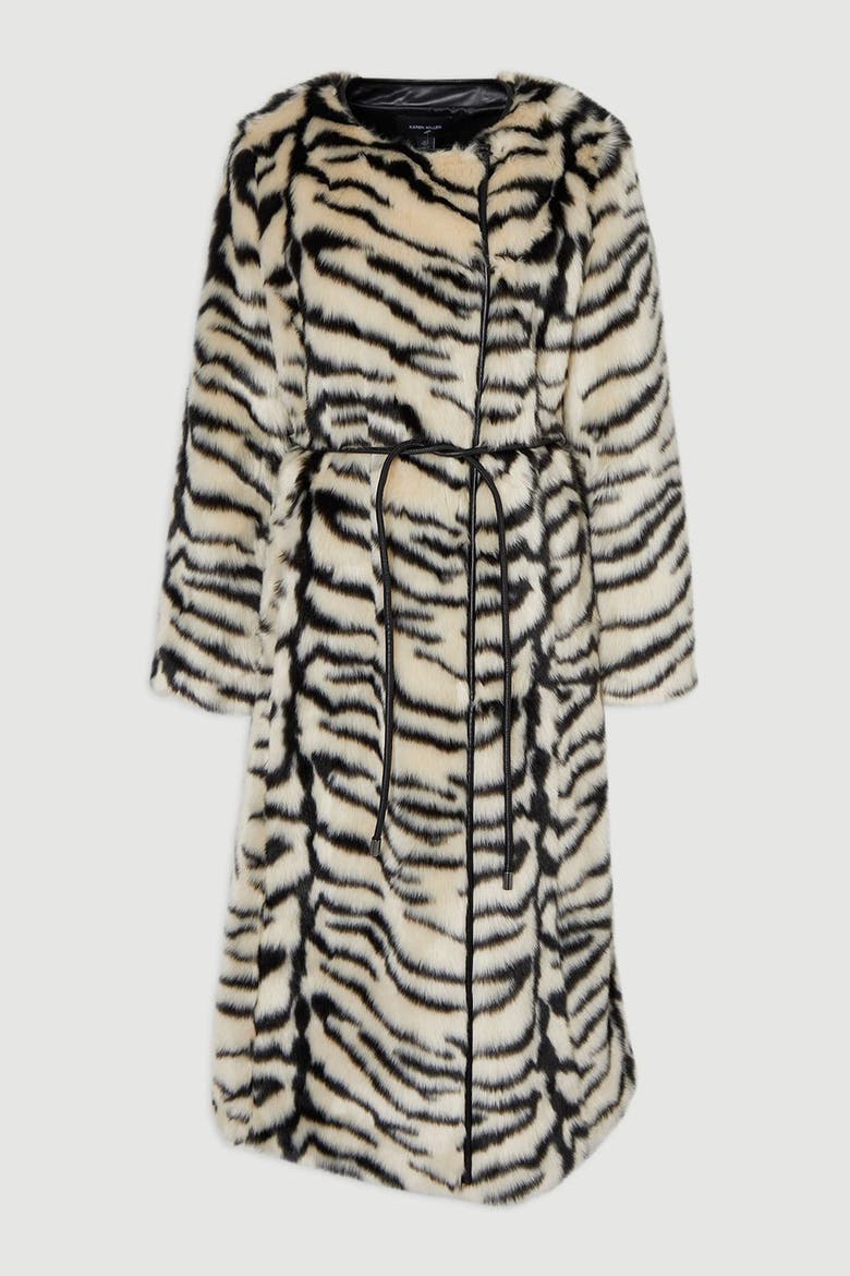 Faux Fur Collarless Tie Belted Midi Coat, Alternate, color, Mono