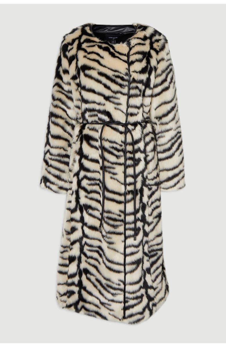 Karen Millen Faux Fur Collarless Tie Belted Midi Coat, Alternate, color, Mono