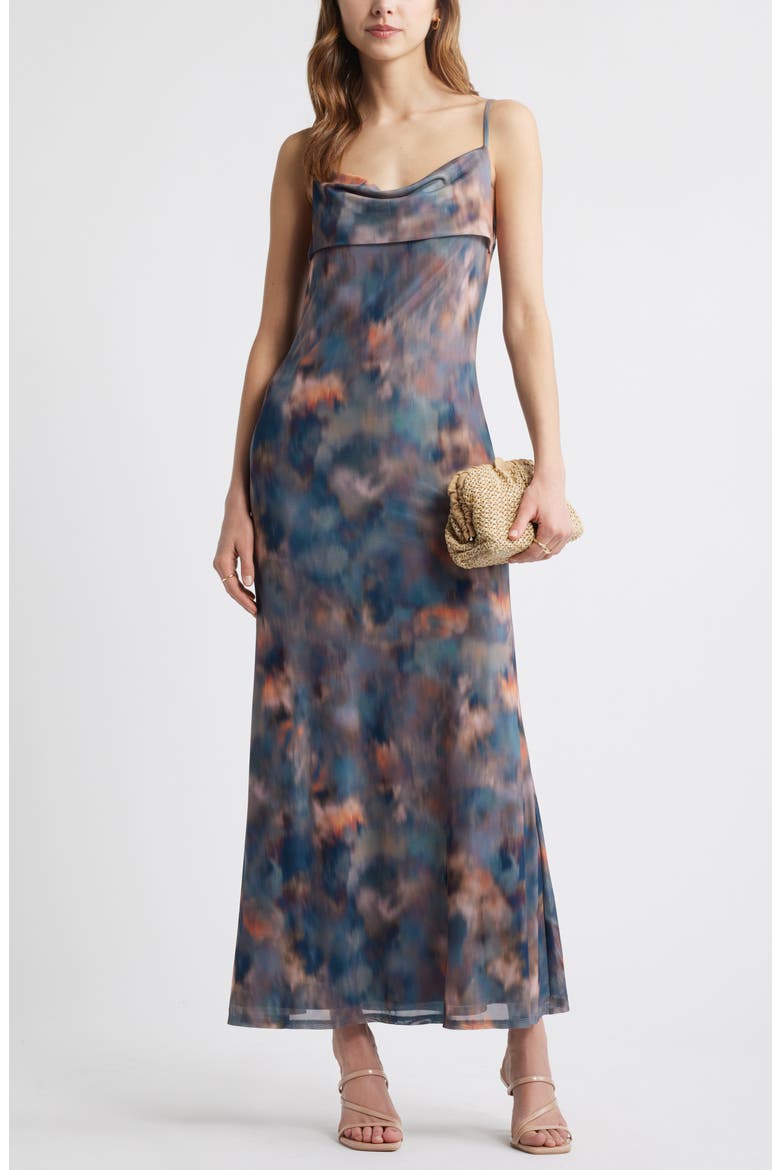 Print Mesh Maxi Dress, Main, color, GREY- PINK AGATE PRINT